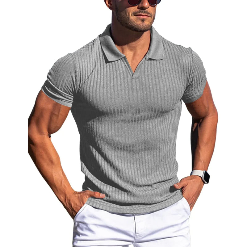 Men Turn Down Collar Short Sleeve Slim T-shirts Summer Male Solid Knitted Tee Tops LXDZ-KJ-P6-V