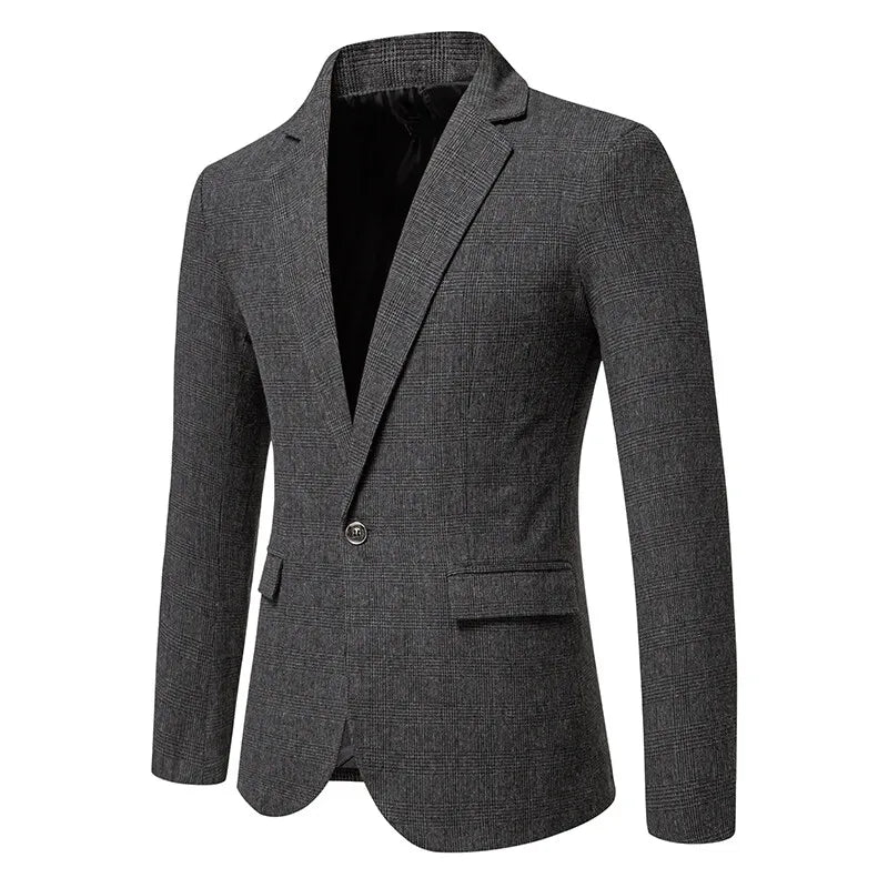 Classic Men's Casual Blazer Jackets SIngle Button Vintage Check Suit Coat Male Khaki
