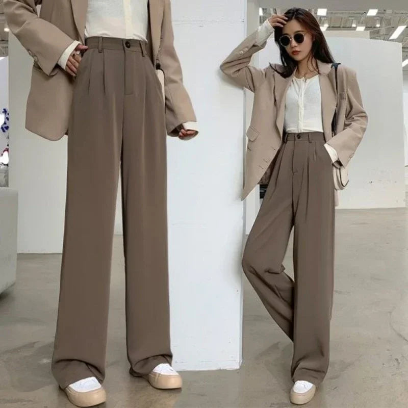 Women Suit Pant Korean Elastic High Waist Straight Pants Casual Loose Solid Simple Wide Leg Trousers Commuting Autumn Winter