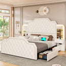 Queen Size 53” Tall Platform Bed Frame with 4 Storage Drawers Built in Charging Station & LED Bedroom White Headboards Under Bed