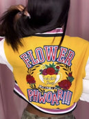 Letter Print Color Patchwork Woolen Varsity Jacket Women Long Sleeve Single Breasted Short Baseball Coat Casual Sporty Outwear