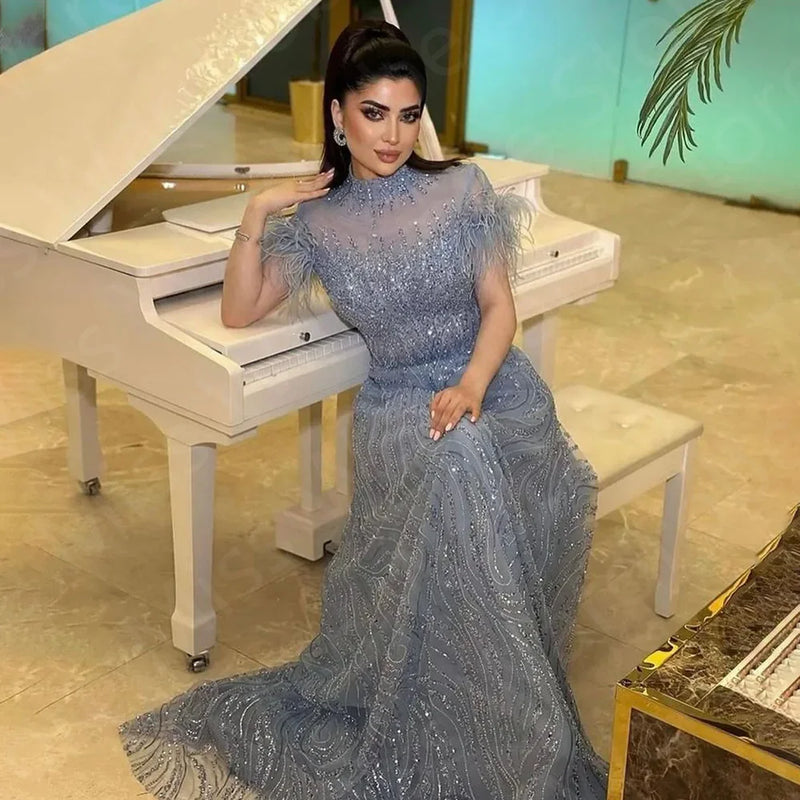 Customized Sparkling Baby Blue Evening Dresses Middle East 2024 Prom Party Gown Short Sleeves Feathers Wedding Guest Gown Sequin