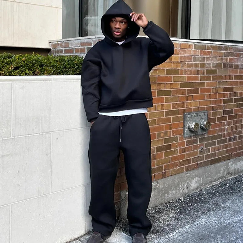 2025 European and American casual simple couple fashion hooded sweatshirt solid color loose sweatshirt sweatpants
