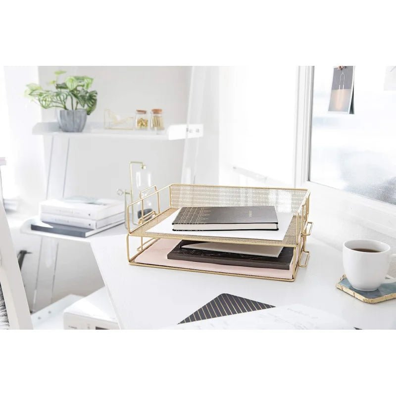 Gold File Desk Organizer - 2-Tier Paper Tray - Document and Letter - Elegant Inbox Office Acce