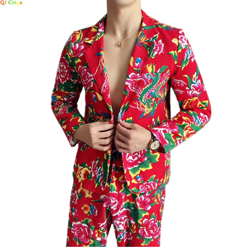 Nostalgia Style Suit 2-Piece, Men's Fashion Casual Suit Jacket & Trousers, Red & Black Available Blazer +Pants M-5XL