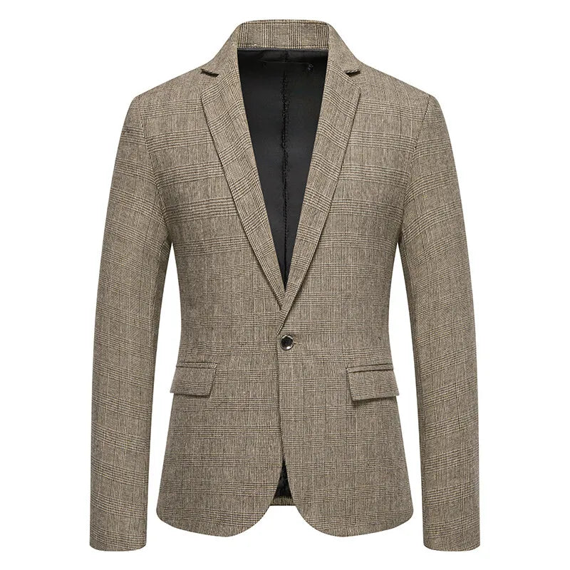 Classic Men's Casual Blazer Jackets SIngle Button Vintage Check Suit Coat Male Khaki