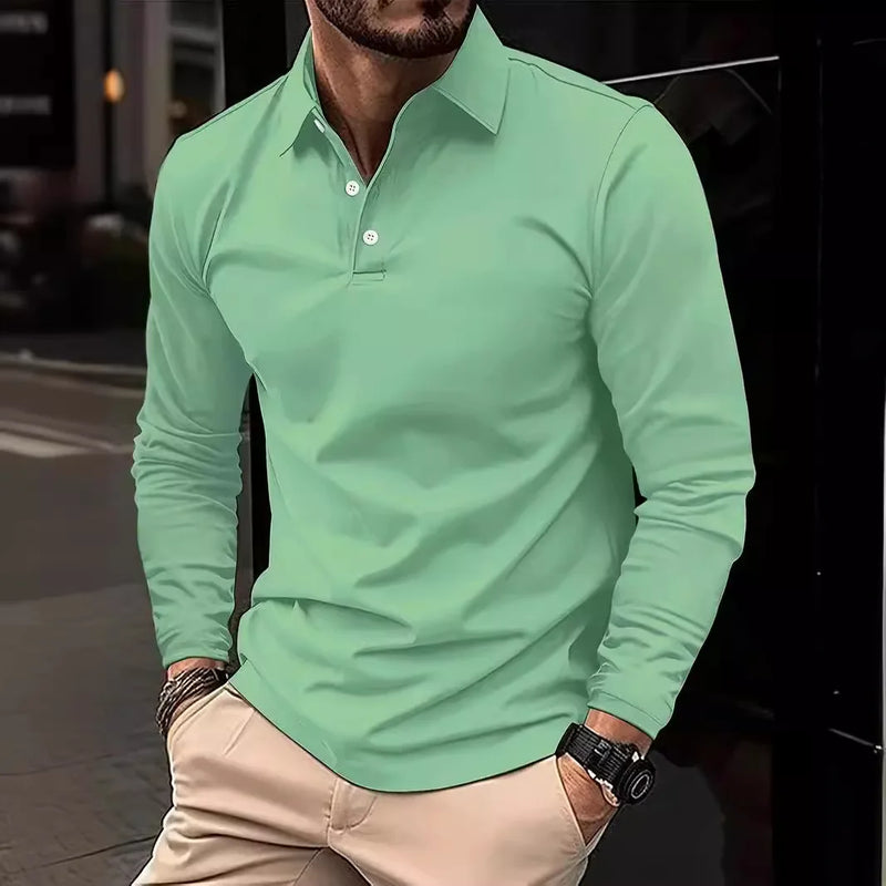 Classic men's simple solid color lapel POLO shirts Spring autumn business leisure outdoor travel friends party long sleeve tops