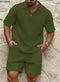 2025 Men's Summer Waffle Casual Suit Sets Solid Plaid Loose Sport Sets Half Zip Short-sleeved Polo Shirt Shorts Men Tracksuit