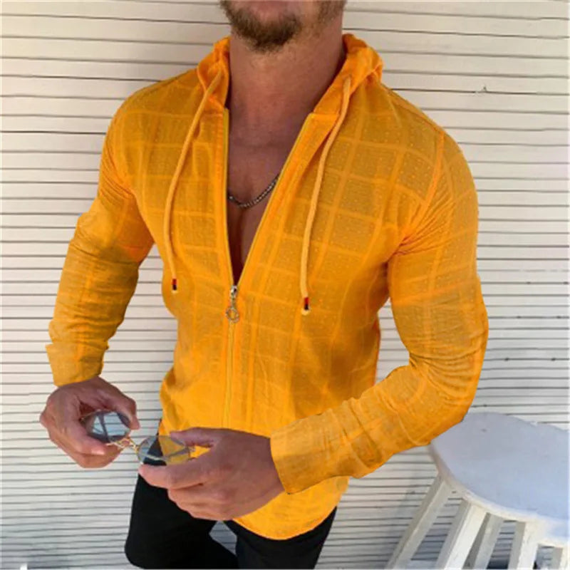 Fashion New Mens Zip Up Hooded White Plaid Tshirts Hip Hop Long Sleeve Cardigan T Shirt For Men Oodie Tee Shirts Tops Camisetas
