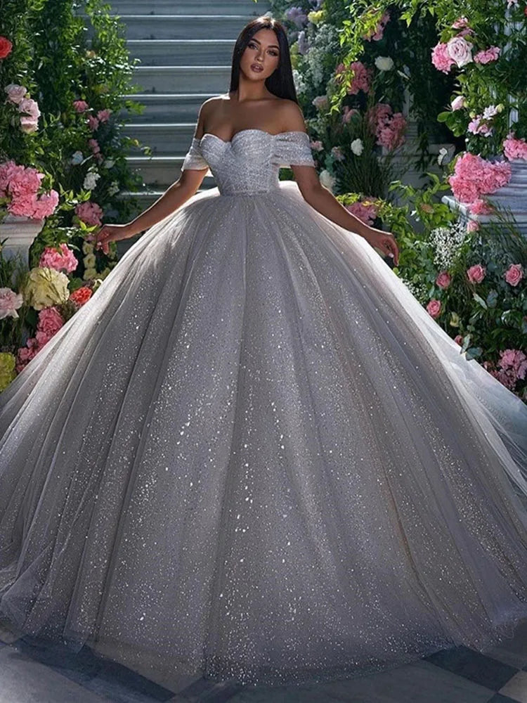 LORIE Shiny Glitter Princess Wedding Dresses A Line Off The Shoulder Bride Dress Sweetheart Neck Dubai Wedding Gowns Customized