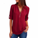 S-5XL Ladies Loose Blouse Chiffon Shirt Zipper V-Neck Half Sleeve Shirts Casual Office Lady Sexy Blouse Shirt Tops Multi Colors