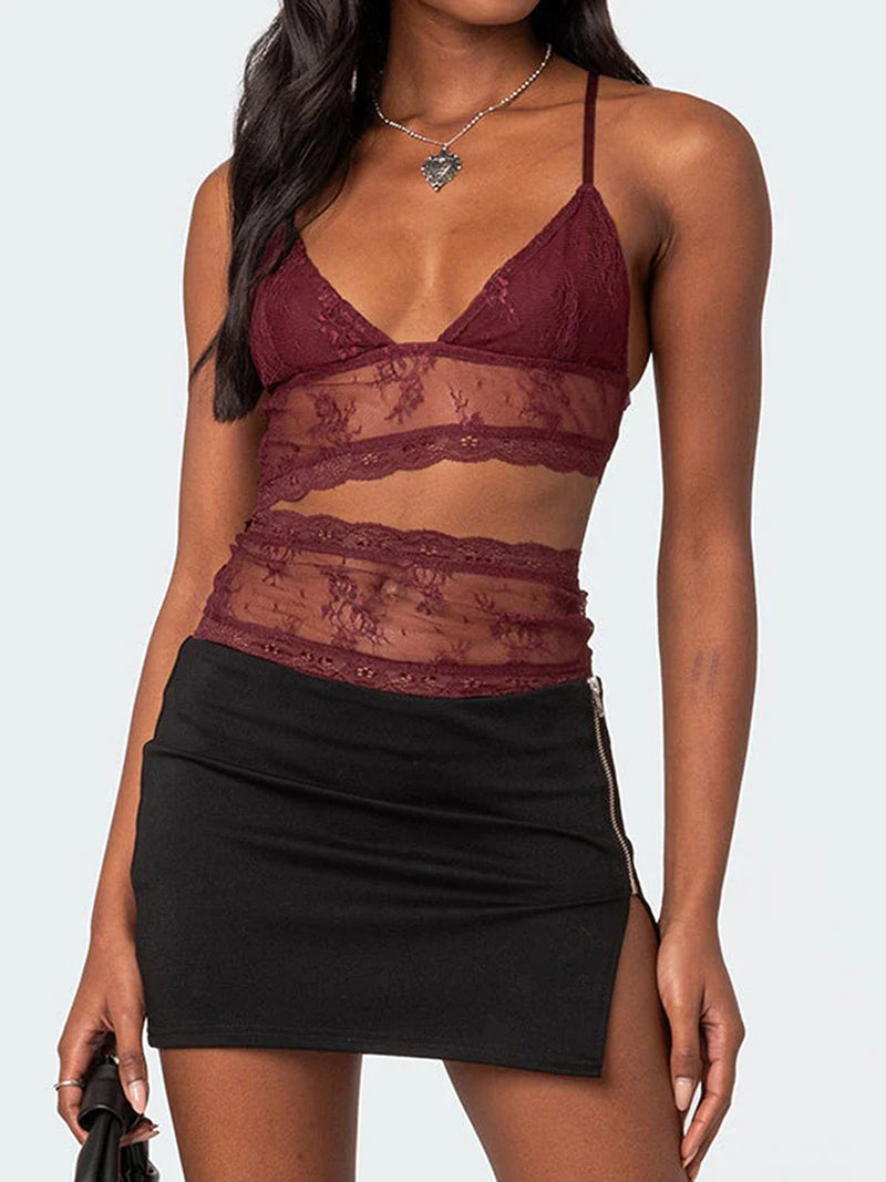 Women Lace Sheer Camisole V-Neck Spaghetti Strap Sheer Vest Slim Fit Cutout Show Navel Tank Tops
