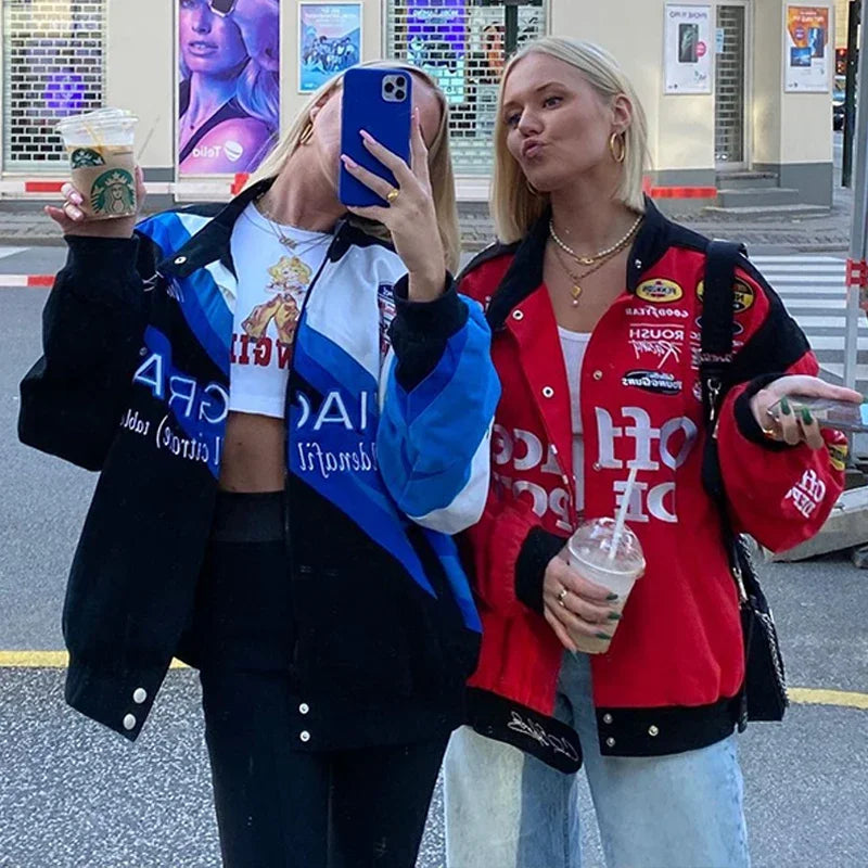 Oversized Printed Jacket Female Gothic Racing Suit hip-hop Street Style Jacket Y2K Oversized Baseball Uniform Jacket Bomber Top