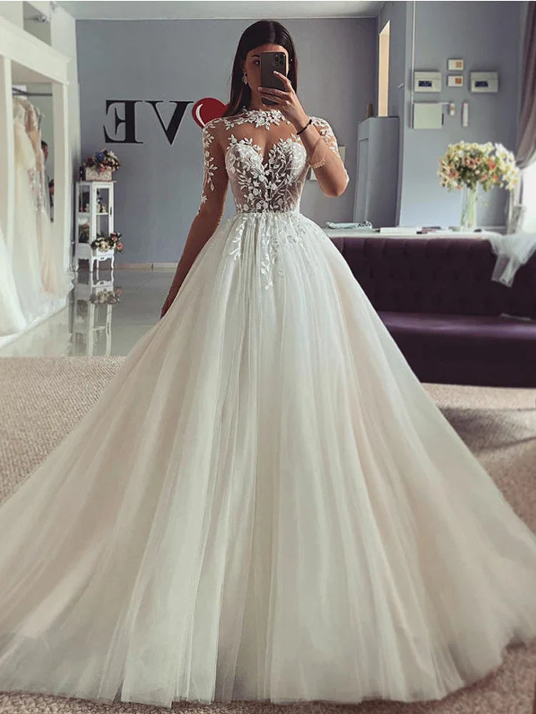 LORIE Long Sleeve Wedding Dresses A Line Sweatheart Neck Bridal Dress Appliqued Lace Wedding Gowns 2023 Customized