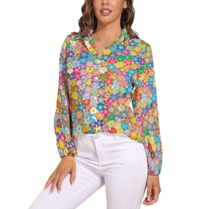 Bright Flower Power Blouse Retro Hippy Flowers Trendy Printed Blouses Female Long Sleeve Casual Shirts Spring Oversized Clothing