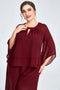 Women's Plus Size Formal Burgundy Chiffon Ruffle Sleeve Cut Out Wide Leg Two Piece Pant Suit Casual Office Lady Matching Sets