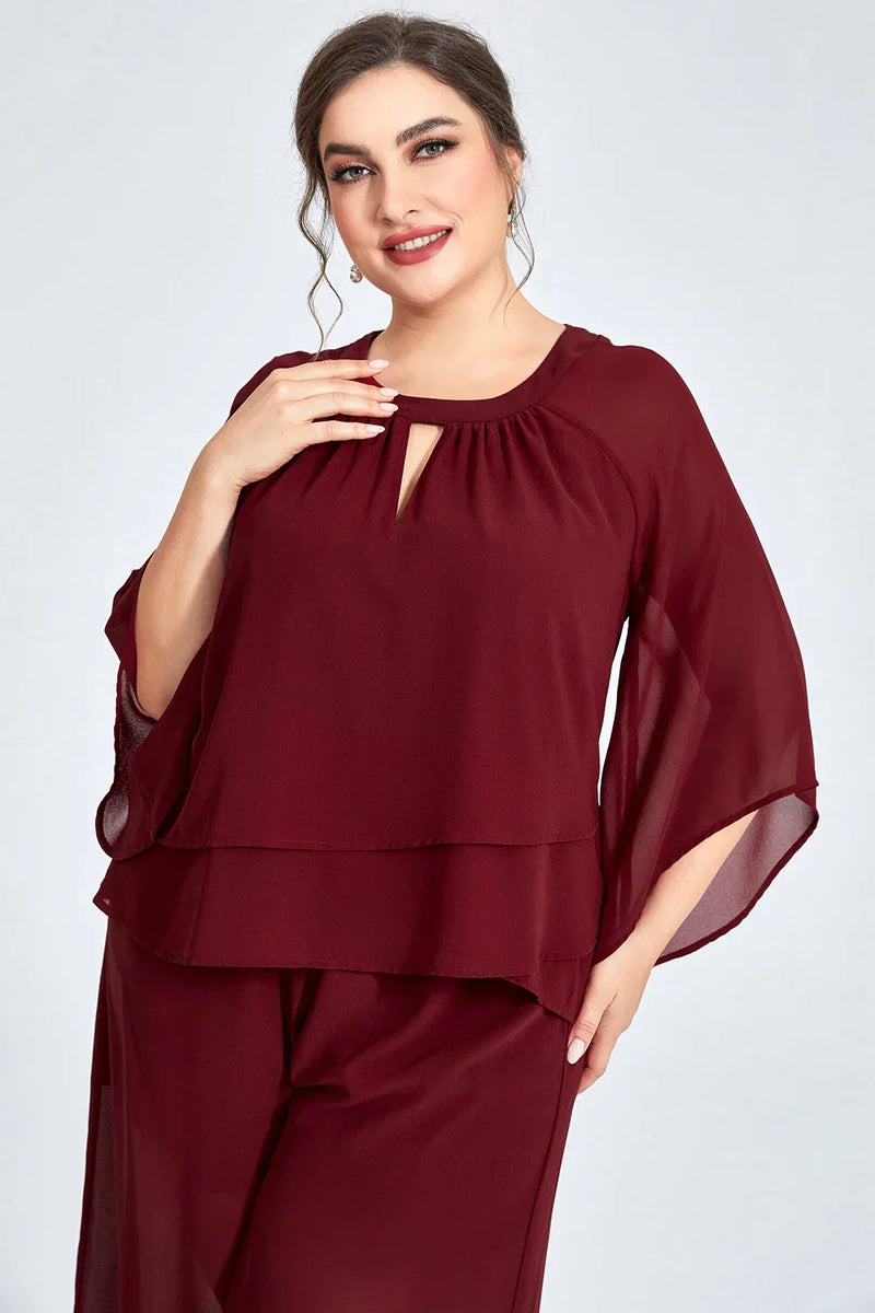 Women's Plus Size Formal Burgundy Chiffon Ruffle Sleeve Cut Out Wide Leg Two Piece Pant Suit Casual Office Lady Matching Sets