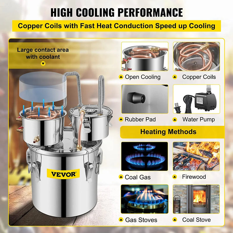 VEVOR 3/5/8/13.2 Gal Alcohol Brewing Distiller DIY Moonshine Apparatus Stainless Steel Still Whisky Beer Brandy Home Appliance