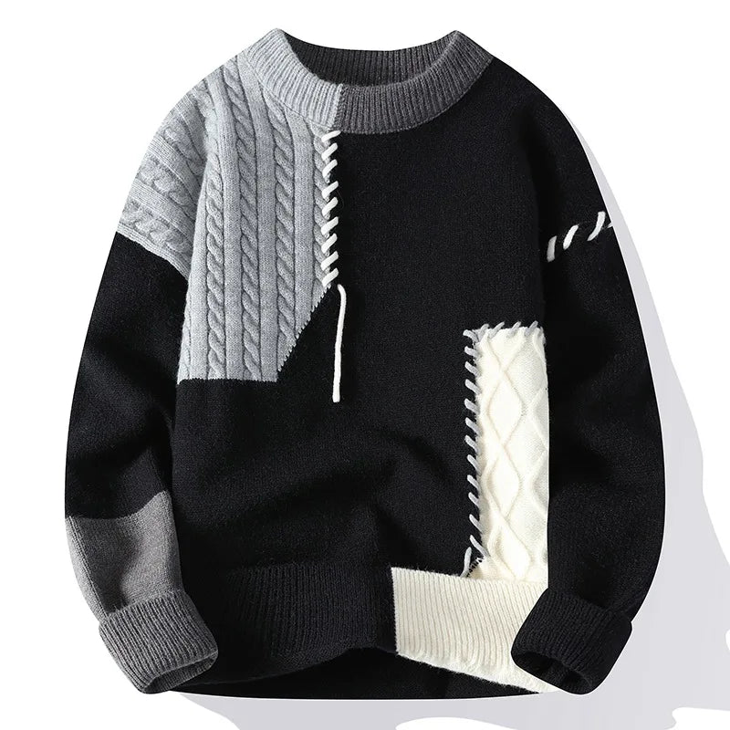 New Autumn Winter Men O-Neck Pullovers Knitted Sweaters Splicing Casual Sweaters High Quality Male Loose Pullovers Clothing 4XL