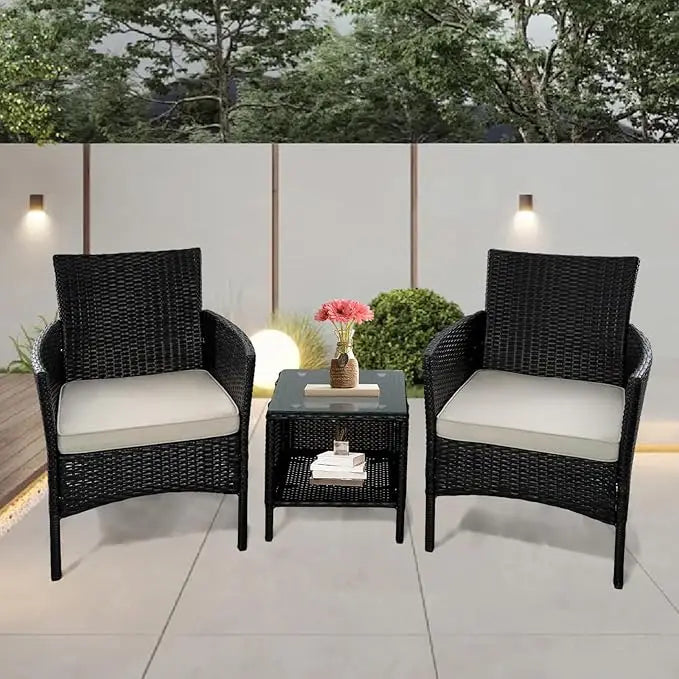 3-piece Outdoor Small Bar Set, Terrace Furniture Chairs, Black Wicker Porch Furniture with Glass Coffee Table