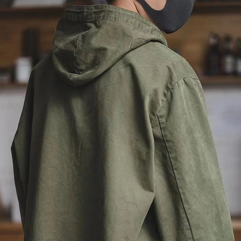Spring Autumn Retro Cargo Drawstring Workwear Army Pullover Hood New Hoddies Military Male Windbreaker War Coat Work Clothes