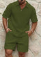 2025 Men's Summer Waffle Casual Suit Sets Solid Plaid Loose Sport Sets Half Zip Short-sleeved Polo Shirt Shorts Men Tracksuit