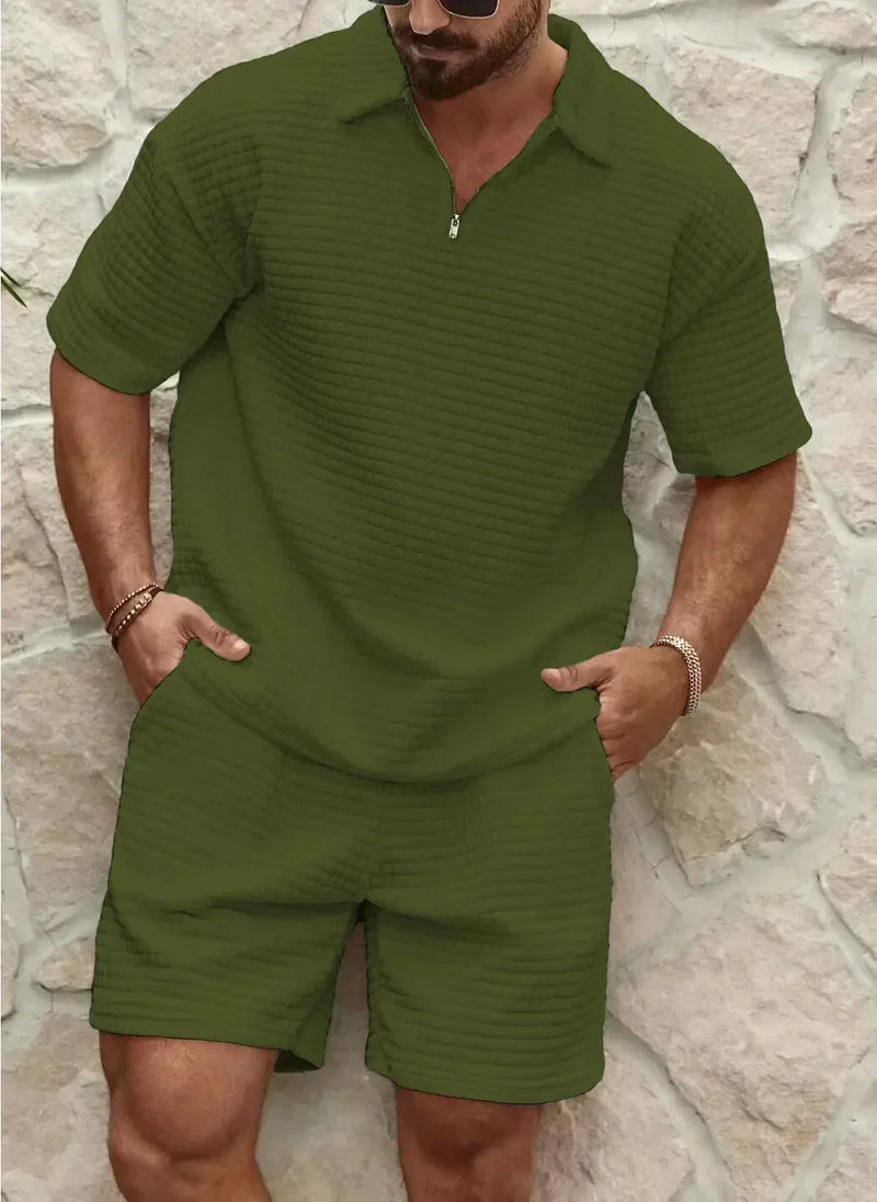 2025 Men's Summer Waffle Casual Suit Sets Solid Plaid Loose Sport Sets Half Zip Short-sleeved Polo Shirt Shorts Men Tracksuit