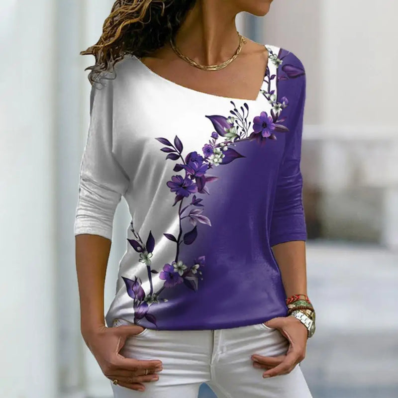Women Autumn Top Flower Print Contrast Color Long Sleeves V Neck Pullover Warm Soft Floral Pattern Lady T-shirt Female Clothes