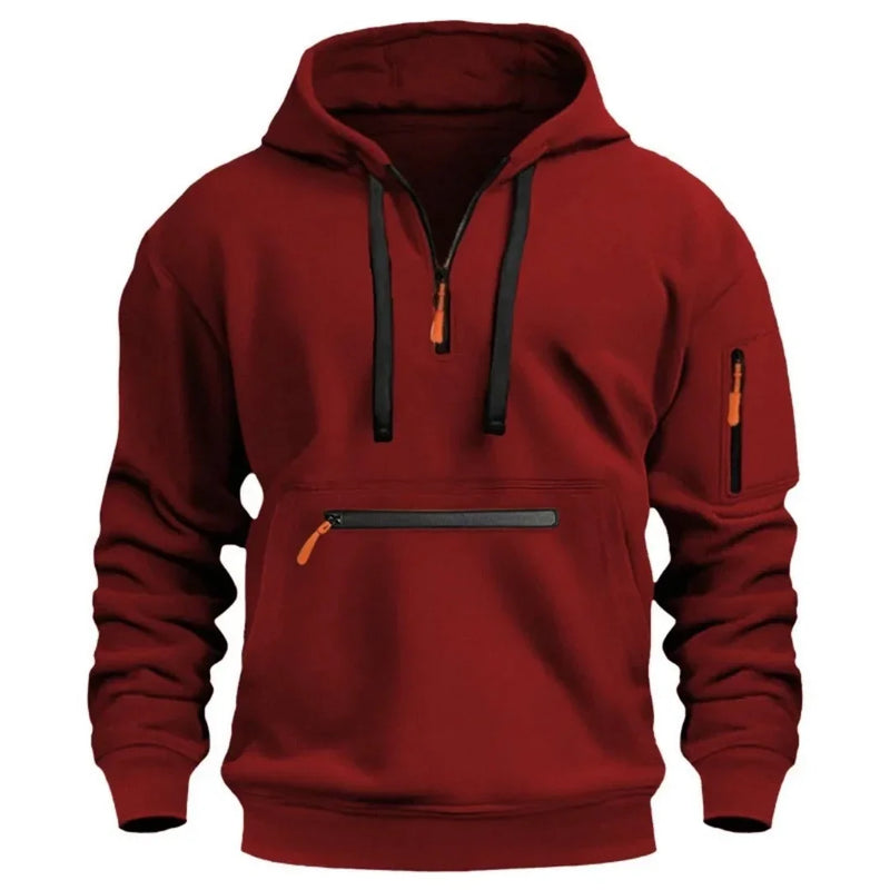 Men's hooded drawstring zipper pocket autumn and winter Hoodies fashion casual daily street solid color plus cashmere warm Tops