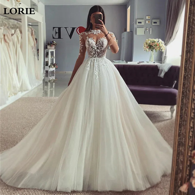 LORIE Long Sleeve Wedding Dresses A Line Sweatheart Neck Bridal Dress Appliqued Lace Wedding Gowns 2023 Customized