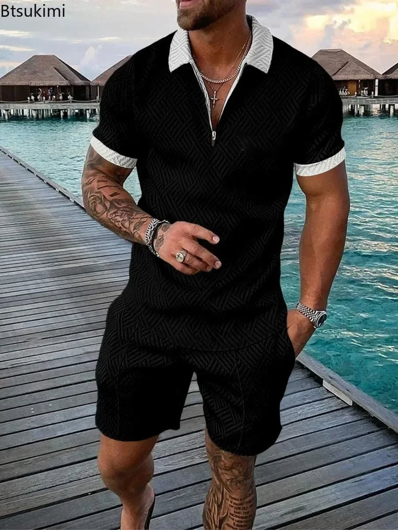 2025 Trend Men Streetwear Fashion Half Zip Polo Shirts+shorts 2 PCS Sets Men's 3D Digital Print Casual Suit New Male Tracksuits