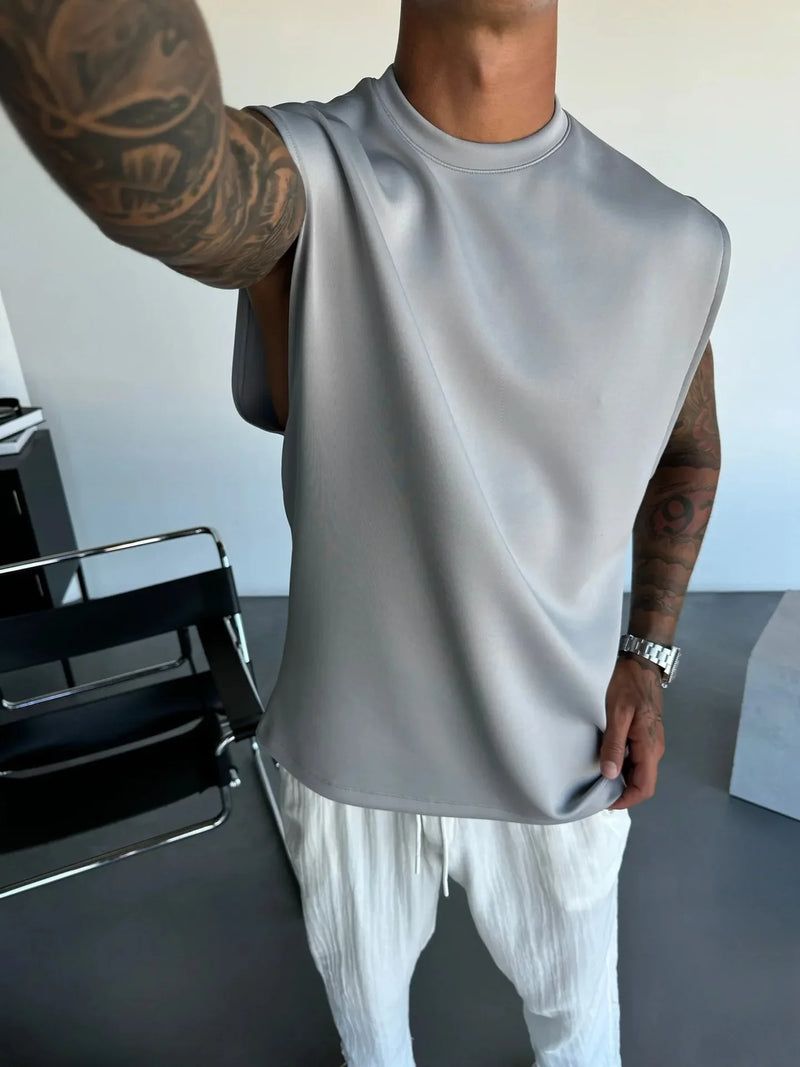 2025 Men's casual sleeveless crewneck suit, summer fashion all-match wide-leg pants trend sports street T-shirt two-piece set
