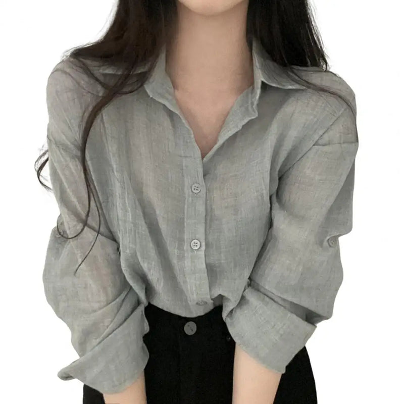 Women Shirt Turn Down Collar Cardigan Shirt Women Solid Color Sun Shirt