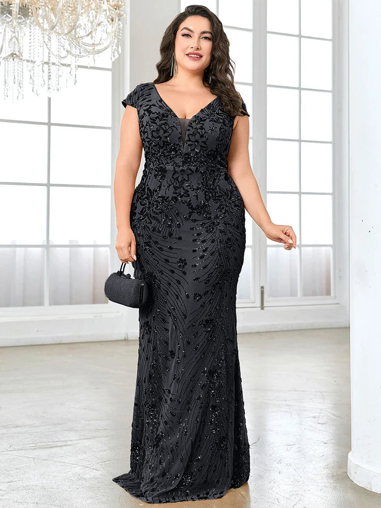 XUIBOL Plus Size  Elegant Sequin Evening Dress Long 2024 Women Mermaid Formal Deep V-neck Prom Luxury Wedding Party Dresses