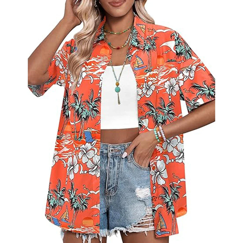 New Women's Short Sleeve T-shirts Fashionable 3d Floral Printed Casual Hawaii Style Basic Tops Lapel Short Sleeve Shirt Summer