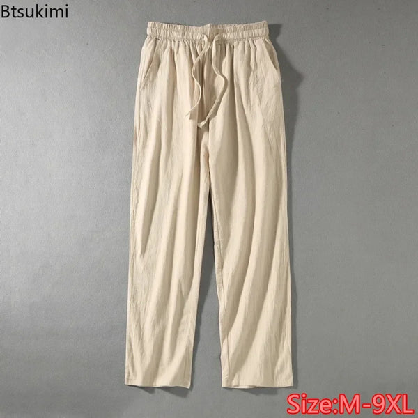 Plus Size 8XL 9XL Pants Men's Solid Cotton Linen Loose Casual Trouser Fashion Drawstring Straight Joggers Vintage Sweatpants Men