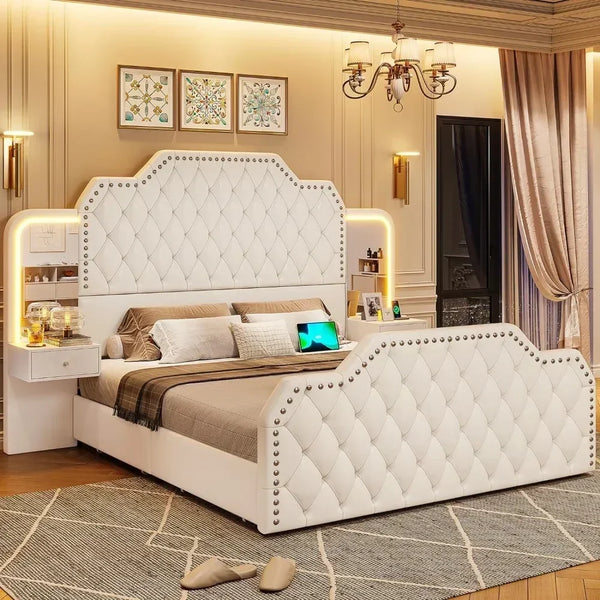 Queen Size 53” Tall Platform Bed Frame with 4 Storage Drawers Built in Charging Station & LED Bedroom White Headboards Under Bed