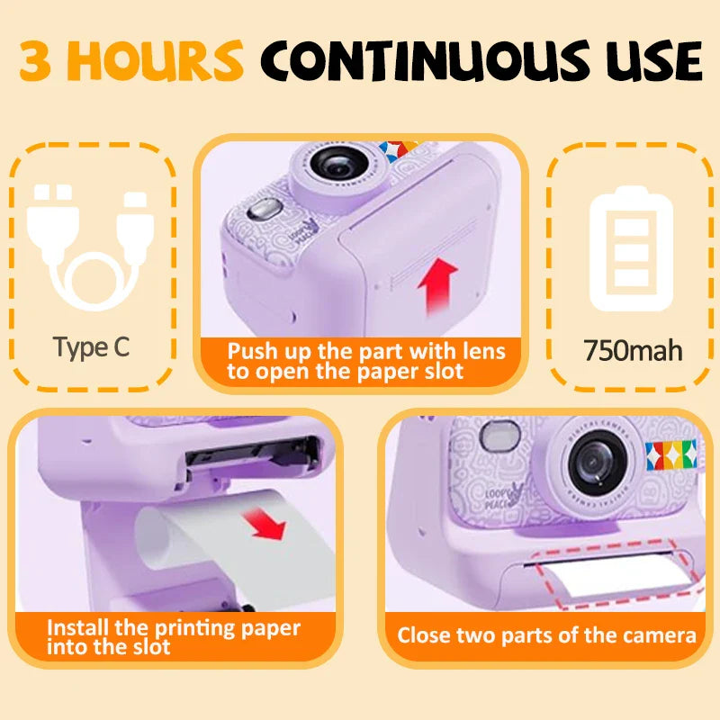Color Instant Print Camera for kids, Christmas Birthday Gifts for Girls Boys, HD Digital Video Cameras No Ink Thermal Paper