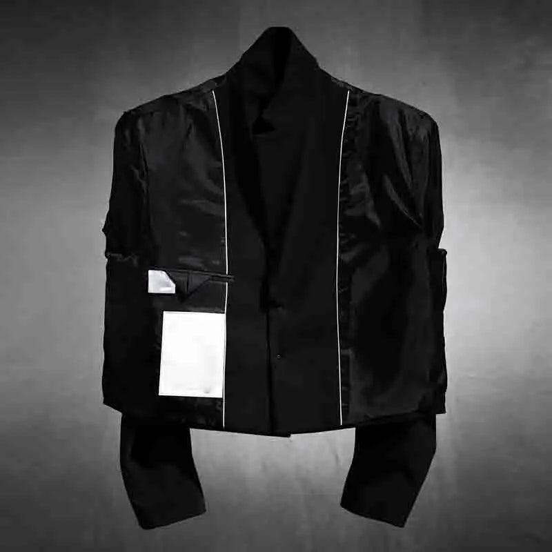 Men's Short And Niche Design Small Suit Autumn New Youth Korean Fashion Trend Cutting Layer Clear Black Ruffian Handsome Top