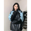 American Style Loose Women's Biker Jacket Color Block Windproof Spring Autumn Casual Top Trendy Outerwear Motorcycle Coat
