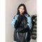 American Style Loose Women's Biker Jacket Color Block Windproof Spring Autumn Casual Top Trendy Outerwear Motorcycle Coat