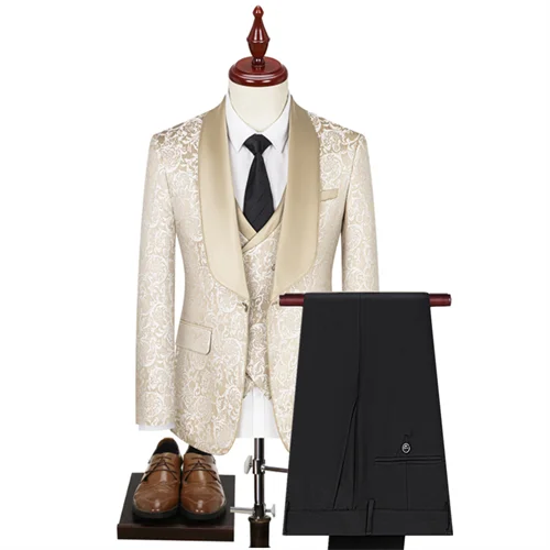 Men High Quality Wedding Jacquard Suits Fashion Male Business Social Dance Party Dress Blazers and Pant with Vest