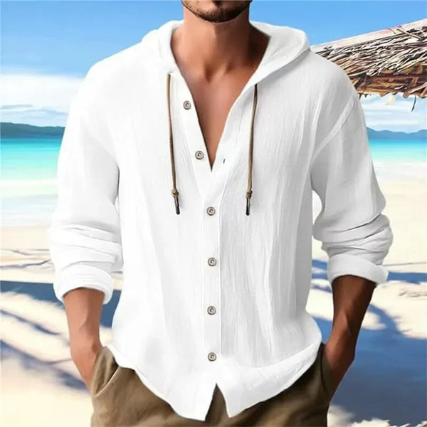 2024 New Spring and Summer Men's Hooded T-shirt Solid Color Cotton Linen Men's Casual Long Sleeved Top