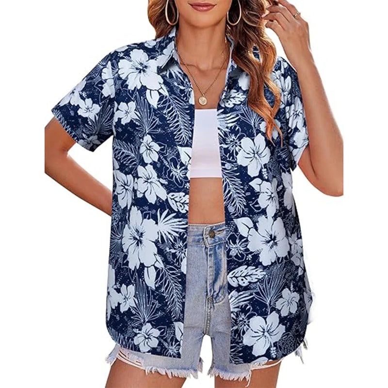 New Women's Short Sleeve T-shirts Fashionable 3d Floral Printed Casual Hawaii Style Basic Tops Lapel Short Sleeve Shirt Summer