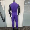 2025 Fashion High Street Men's Two Pieces Purple Sleeveless Lace-up Cardigan Tops and Pants Casual Outfits Trend Men's Clothing