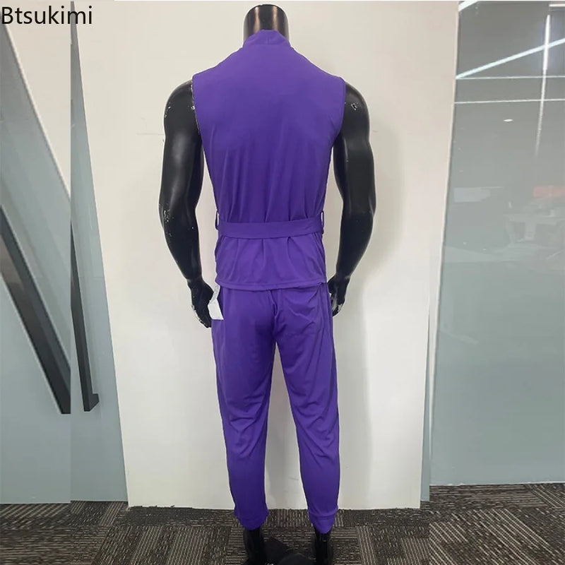 2025 Fashion High Street Men's Two Pieces Purple Sleeveless Lace-up Cardigan Tops and Pants Casual Outfits Trend Men's Clothing