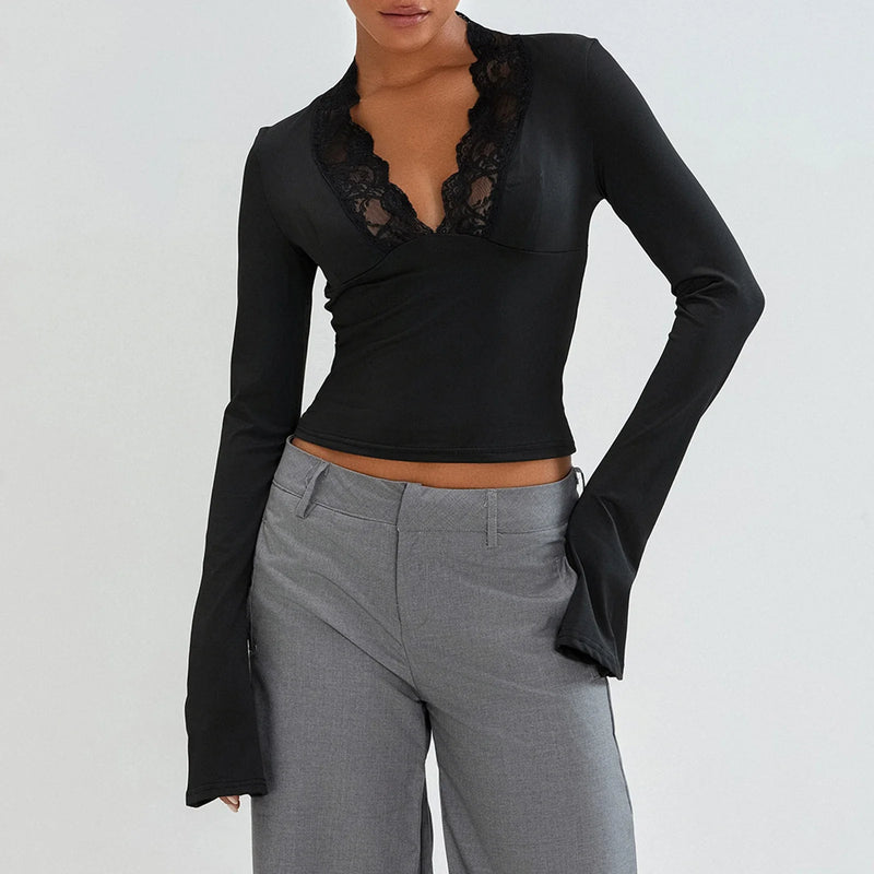 New Fashion Women's Fall Sexy Tops Slim Lace Trim Deep V Neck Bell Sleeve Crop Shirt Casual Streetwear
