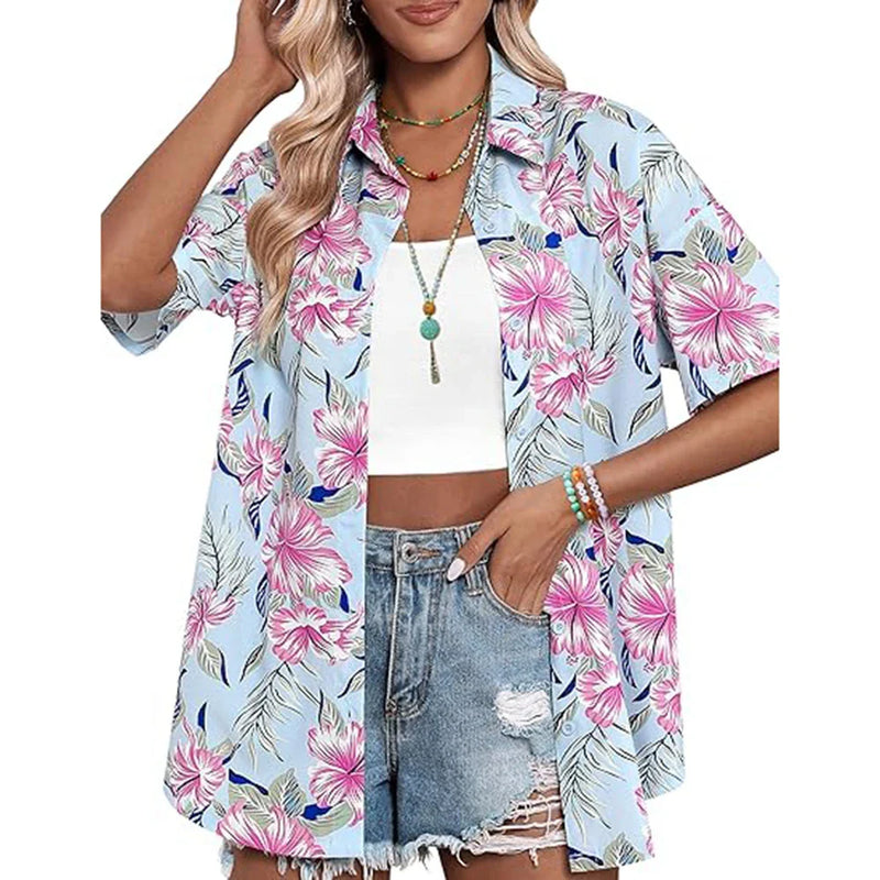New Women's Short Sleeve T-shirts Fashionable 3d Floral Printed Casual Hawaii Style Basic Tops Lapel Short Sleeve Shirt Summer