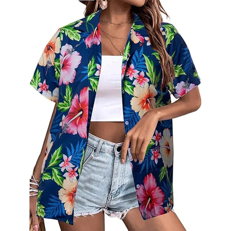 New Women's Short Sleeve T-shirts Fashionable 3d Floral Printed Casual Hawaii Style Basic Tops Lapel Short Sleeve Shirt Summer