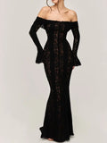 Women Elegant Off Shoulder Lace Up Ruffle Edge Dress Chic Hollow Out Puff Long Sleeves Maxi Slim Dresses Spring Lady Street Robe